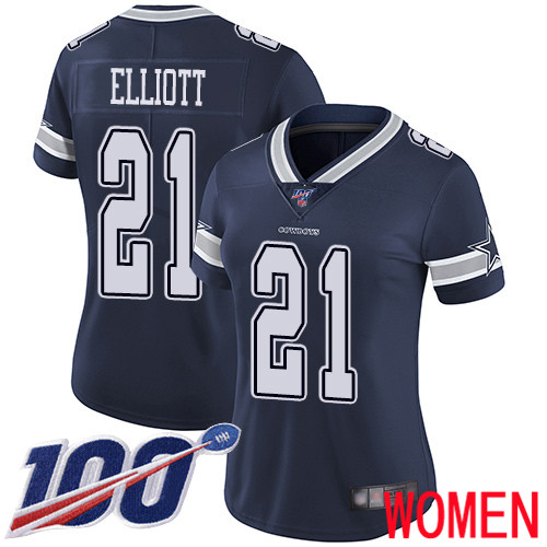 Women Dallas Cowboys Limited Navy Blue Ezekiel Elliott Home 21 100th Season Vapor Untouchable NFL Jersey